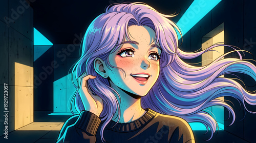 Retro anime illustration of woman with lavender hair and neon light
