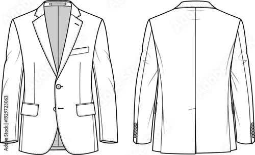 Technical sketch of men's formal tailored blazer jacket with notched lapel two buttons front and back views cad drawing flat vector illustration