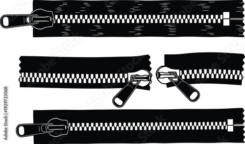 Technical sketch of various metal and plastic zipper tapes with sliders and pulls for garment construction cad drawing flat vector illustration