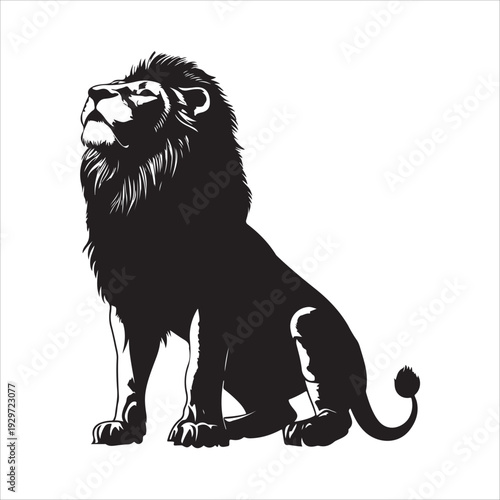Black and white silhouette of a roaring lion standing on a rock. 