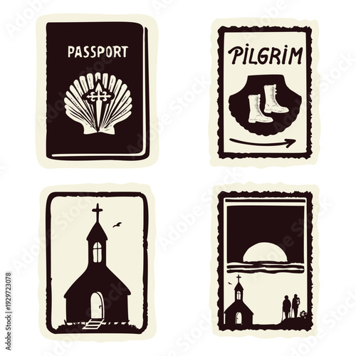 Hand drawn pilgrims way passport icon set. Black white scallop shell pilgrimage book for stamps on the camino in spain. St James cross, church, hiking boots and Finisterre sunset for religious pass