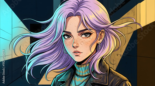 Retro anime illustration of woman with lavender hair and neon light

