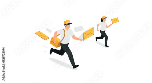 running mail carriers delivering envelopes hand drawn vector illustration for mail service and delivery concept