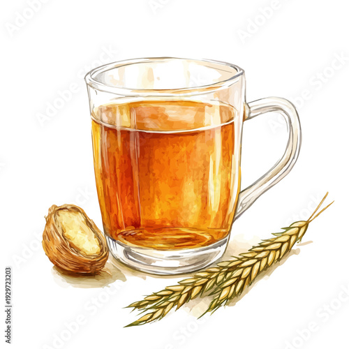 Barley Tea Mugicha, watercolor vector portraying a joyful pose with colorful highlights, isolated on a white background.