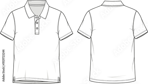 Technical sketch of men's short sleeve polo shirt with collar button placket front and back views cad drawing flat vector illustration