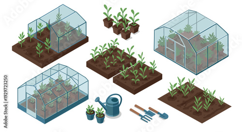 set of isometric greenhouse plants gardening tools and planted soil beds in flat style