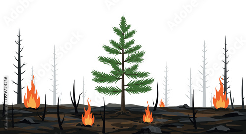green pine tree surviving in forest wildfire with burnt trees and flames hand drawn illustration
