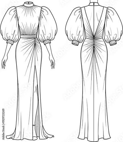 Technical sketch of women's elegant evening gown with puff sleeves high neck draped gathering and slit cad drawing flat vector illustration