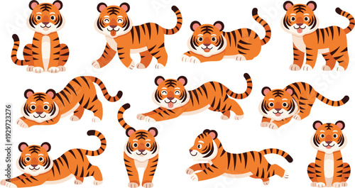 Cute Baby Tiger Cub Vector Collection with Adorable Cartoon Characters in Various Playful Poses for Nursery Art, Childrens Apparel, and Wildlife Themed Graphic Designs