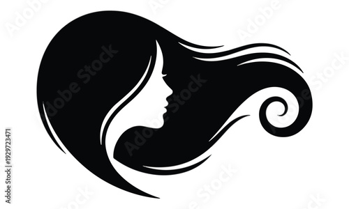 Woman's Profile Silhouette with Long Flowing Hair Swirl Logo