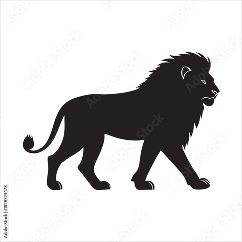 Black and white silhouette of a roaring lion standing on a rock. 