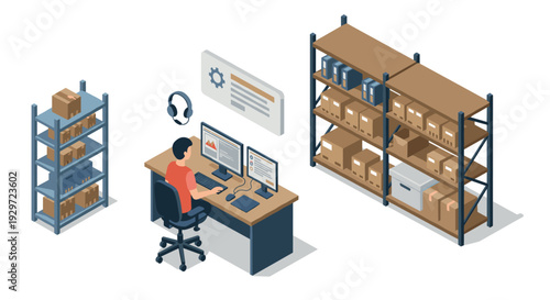 isometric warehouse inventory management with person working at computer desk surrounded by storage shelves and boxes