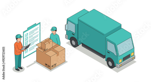 delivery workers checking packages with checklist and cargo truck isometric illustration