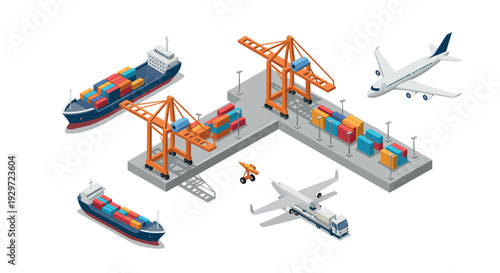 isometric cargo ships airplanes and port with cranes and colorful containers collection