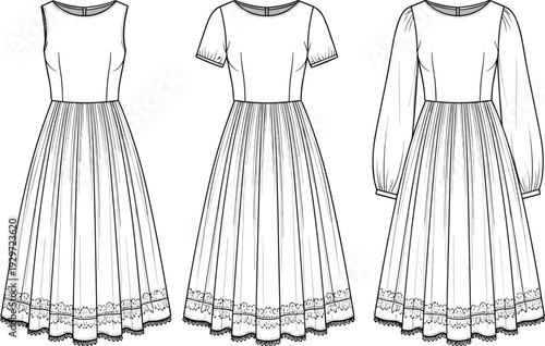 Fashion technical sketch of a women's vintage style midi dress with sleeveless short and long bishop sleeve options cad drawing flat vector illustration