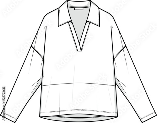 Technical sketch of a women's oversized long sleeve polo sweatshirt with V-neck collar drop shoulder cad drawing flat vector illustration