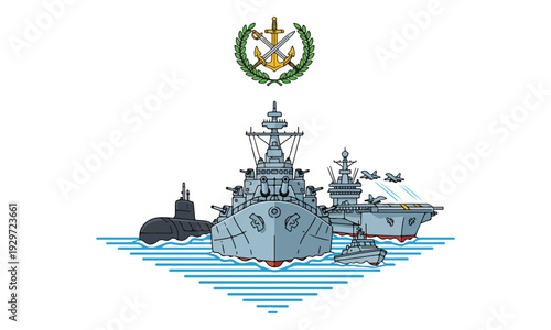 Naval Fleet Illustration with Warships, Submarine, Carrier, and Emblem