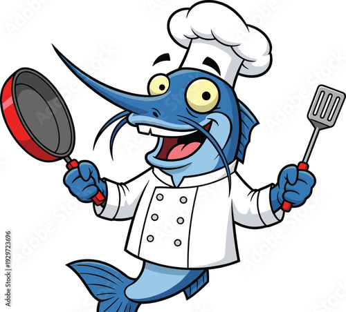 Funny cartoon vector illustration of a happy blue marlin fish chef wearing a white hat holding a frying pan.