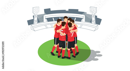 group of soccer players in red uniform celebrating on green field with stadium background flat vector illustration