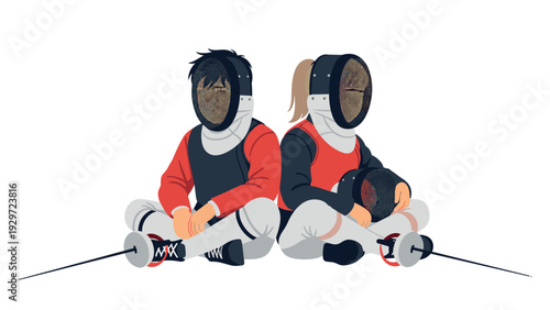 two young fencers sitting back to back with fencing gear and swords hand drawn vector illustration