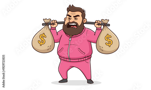 Cartoon Man Carrying Heavy Dollar Money Bags on a Shoulder Stick