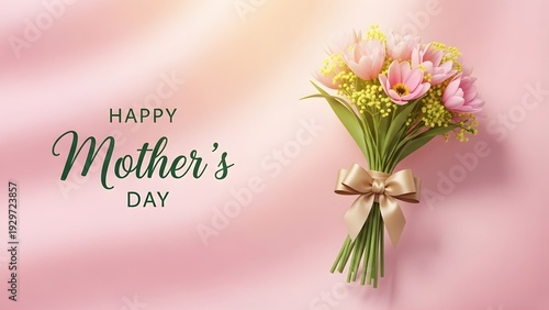 Happy mother's day bouquet of pink tulips and yellow flowers
