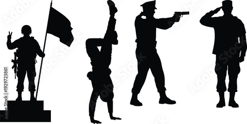 Black vector silhouettes of soldiers and police officers featuring a flag bearer, handstand pose, shooting stance, and a formal salute.