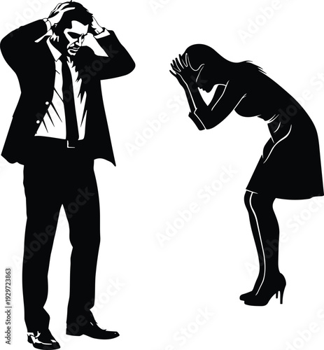 Black and white vector silhouettes of a stressed businessman and woman holding their heads in despair isolated on white background.
