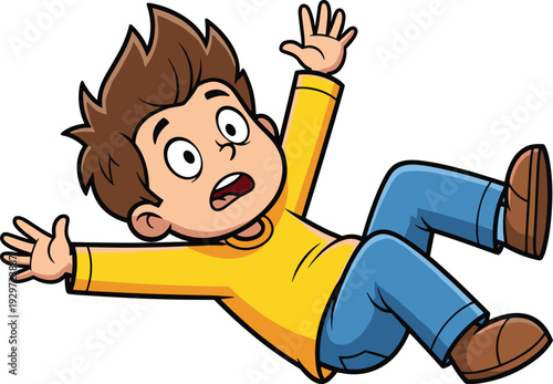 Funny cartoon vector illustration of a scared boy falling backwards with arms wide open isolated on a clean white background.