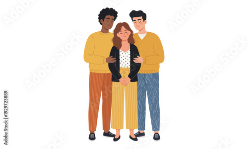 Diverse Group of Three People Embracing, Woman with Two Men