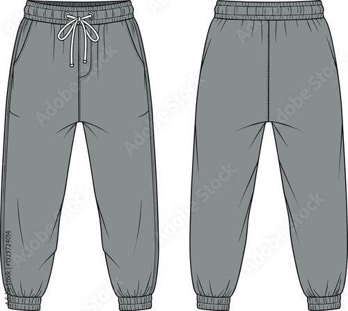 Unisex sweatpants technical fashion sketch flat vector illustration with elastic waistband and drawstring, joggers cad drawing for apparel design templates