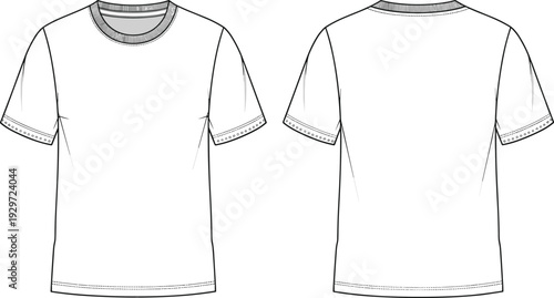 Blank crew neck t-shirt technical fashion sketch flat vector illustration with front and back view, short sleeve tee cad drawing
