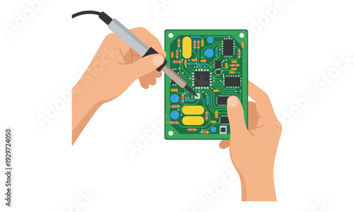 Hands soldering electronic circuit board with components