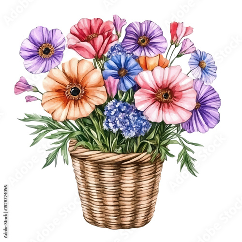 Bacheloras Button Bouquet In A Basket, watercolor painting capturing graceful lines and soft blended shades, isolated on a white background.