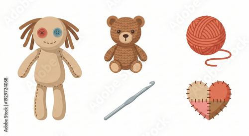 Crafts and hobbies collection with toys, yarn, and crochet hook for handmade items