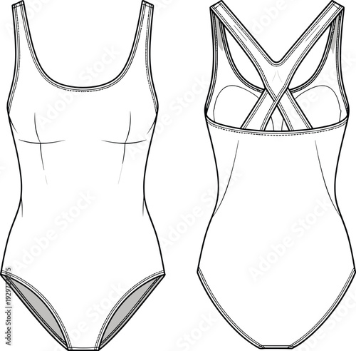 WOne piece swimsuit technical fashion sketch flat vector illustration with cross back straps, women's swimwear cad drawing for apparel designeb