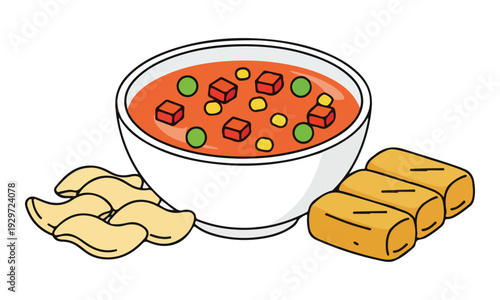 Soup Bowl with Chips and Fried Snacks Vector Illustration