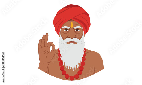 Indian Sadhu with Red Turban and White Beard Making Chin Mudra