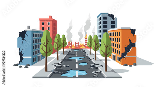damaged city street with cracked buildings potholes and fire in flat style urban destruction illustration