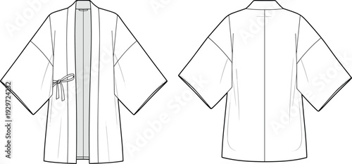 White kimono cardigan cad drawing flat vector illustration, Japanese style robe template with tie closure and wide sleeves, technical apparel fashion sketch