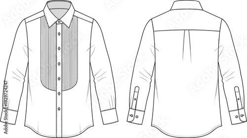 White formal dress shirt cad drawing flat vector illustration, long sleeve pleated front tuxedo shirt template, technical apparel fashion sketch