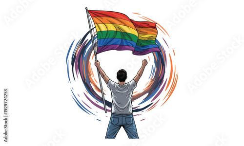 LGBTQ+ Pride: Man holding rainbow flag with raised fist