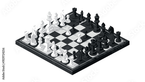 isometric chessboard with black and white chess pieces set in 3d style for strategy game design