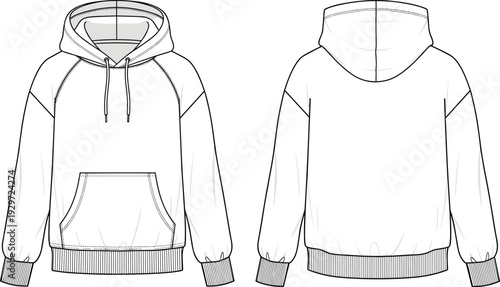 WebWhite oversized hooded sweatshirt cad drawing flat vector illustration, long sleeve raglan hoodie template with front pocket, technical apparel sketch, fashion mockup