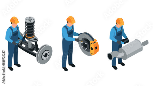three mechanics in hard hats working on car parts with hand drawn isometric style automotive repair illustration