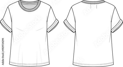 White short sleeve t-shirt cad drawing flat vector illustration, casual crew neck tee template with rolled cuffs, technical apparel fashion sketch