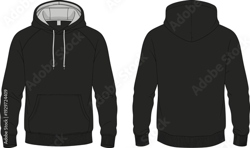 Black hooded sweatshirt cad drawing flat vector illustration, long sleeve raglan hoodie template with front pocket and drawstrings, technical apparel sketch