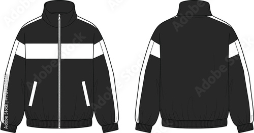 WebBlack sports track jacket cad drawing flat vector illustration, unisex streetwear bomber with white stripes, athletic zip up outerwear apparel sketch