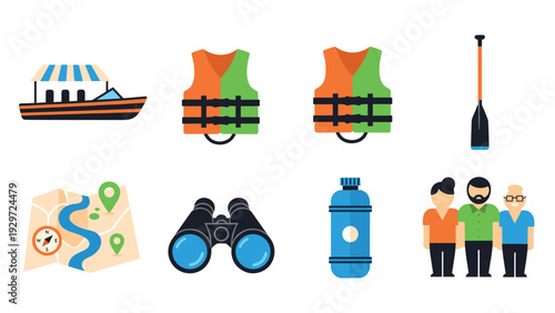 boat life jackets paddle map binoculars water bottle and people icons flat design set for outdoor recreation