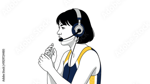 woman wearing headset with microphone hand drawn vector illustration for customer service and communication